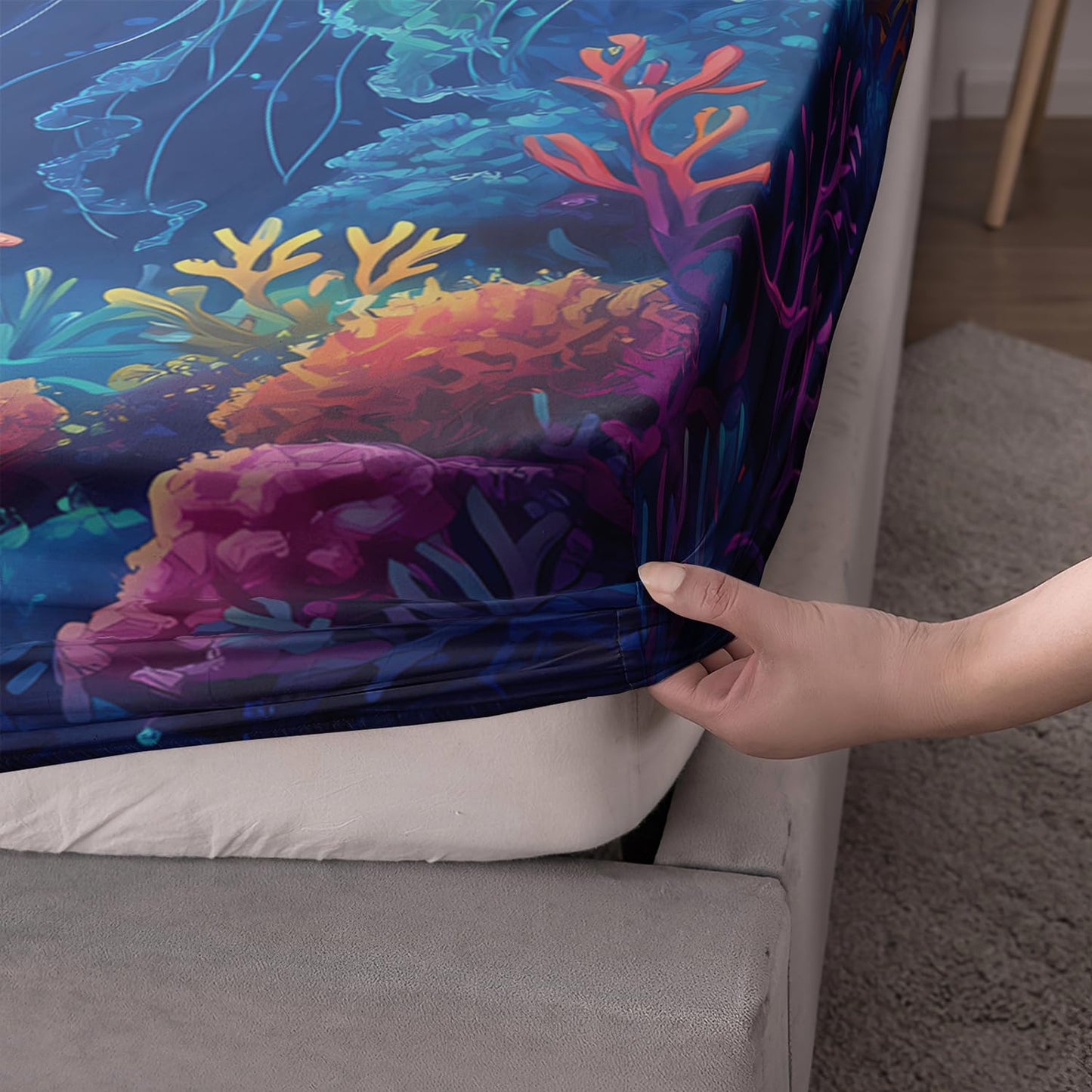 UEVBF Fantasy Jellyfish Fitted Sheet Twin Bedding Sets for Girls Kids Toddlers,Coral Starfish Ocean Theme Bedroom Decor,Blue Underwater World Bedding Sets,1 Fitted Sheet + 2 Pillowcases.
