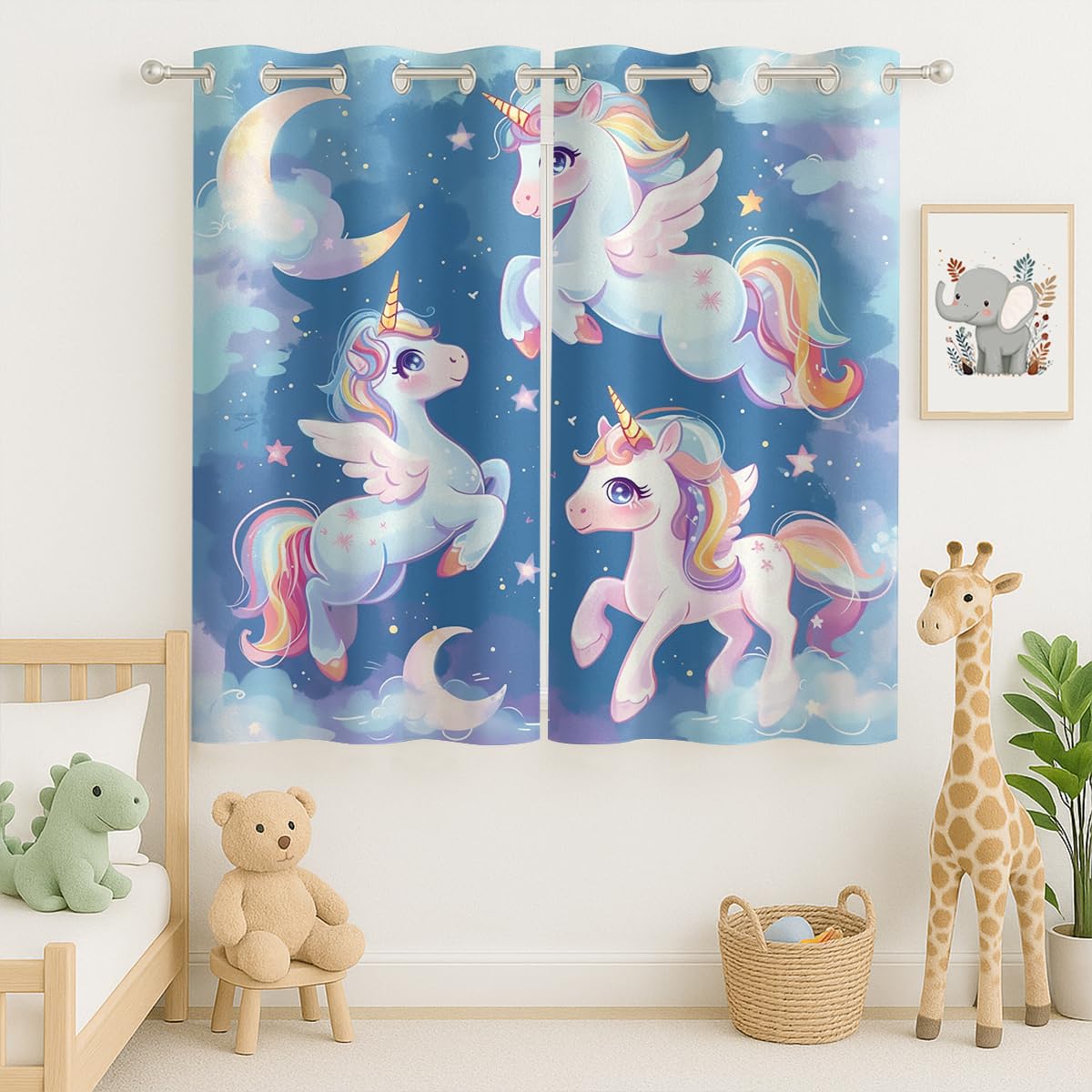 Cartoon Unicorn Blackout Curtains for Girls Boys Kids Home Decor, Fantasy Cute Unicorn Stars Moon Grommet Thermal Insulated Drapes Darkening Window Curtain for Bedroom Living Room, 42 x 45 Inch