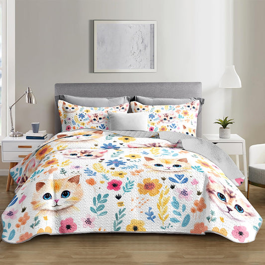 UEVBF Kawaii Cat Quilt Set,Orange Cat Flowers Pattern Bed Set for Toddler Kids Girls Room Decor,Cute Bedding Queen Quilted Sets with 2 Pillowcases.