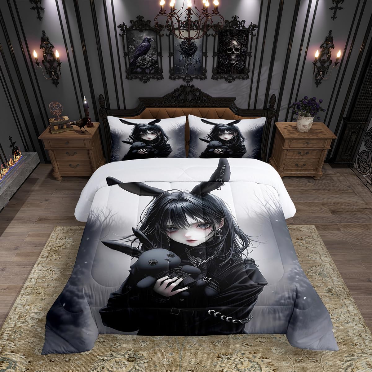 Erosebridal Anime Girl Bedding Set Full,Anime Gifts Comforter Set for Girls Women,Gothic 3D Japanese Girl Down Comforter,Black Gothic Bed Set Exotic Rabbit Printed Duvet Insert with 2 Pillowcases