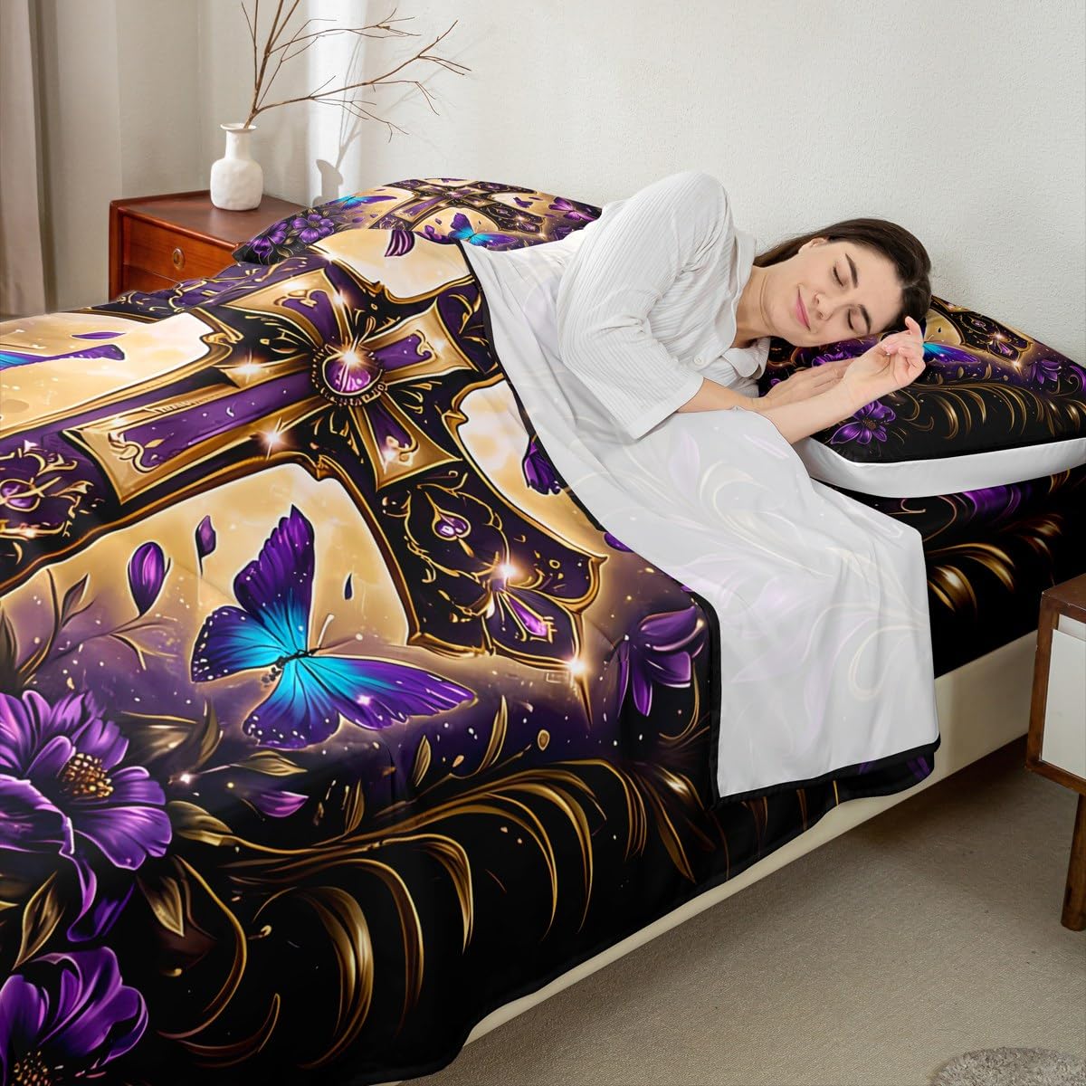 Erosebridal The Cross Theme Flat Fitted Sheet Full Patriotic Style Bedding Sets Butterfly Floral Bed Sheets Set for Men Women Adult,Purple Flower Bedding Sets for Bedroom Decor with 2 Pillow Cases