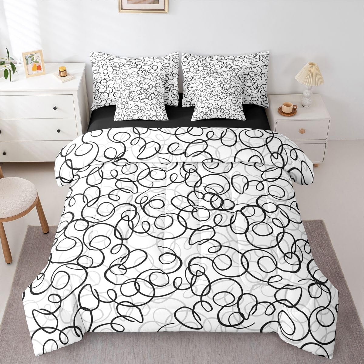Erosebridal Geometric 7 Piece Comforter Set Queen Bed in A Bag Black Gray White Abstract Swirls Bedding Set for Boys Girls Modern Abstract Texture Bedroom Decor Contemporary Lines Aesthetic Sheet Set