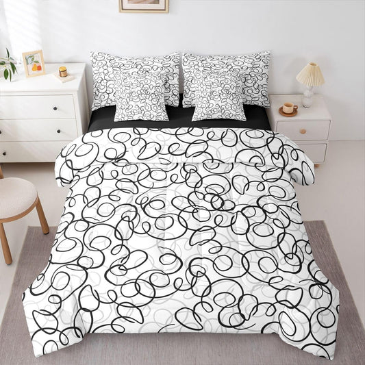 Erosebridal Geometric 7 Piece Comforter Set Queen Bed in A Bag Black Gray White Abstract Swirls Bedding Set for Boys Girls Modern Abstract Texture Bedroom Decor Contemporary Lines Aesthetic Sheet Set