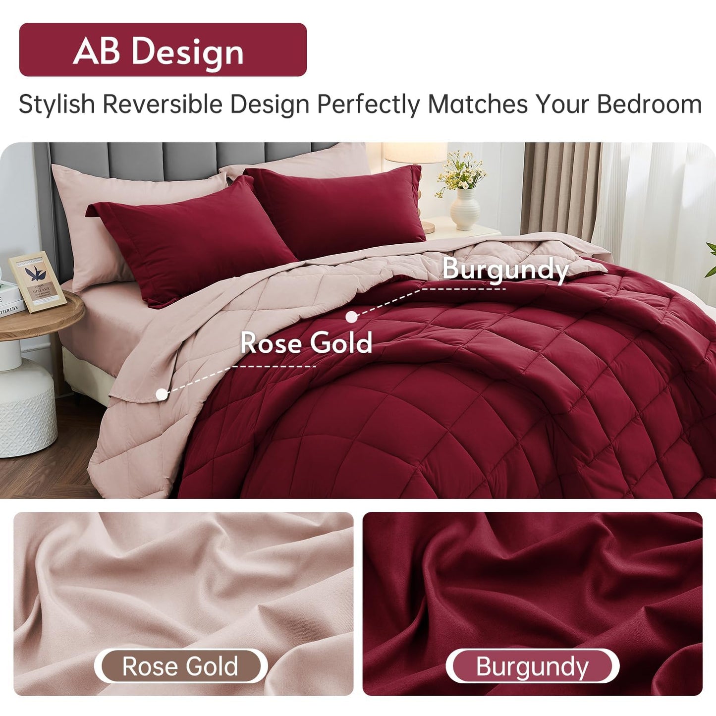 MUXHOMO 7 Pieces California King Comforter Set, Reversible Bed in a Bag Cal King Size, All Season Bedding Set with Comforter, Flat Sheet, Fitted Sheet, Pillowcases & Shams, Burgundy & Rose Gold