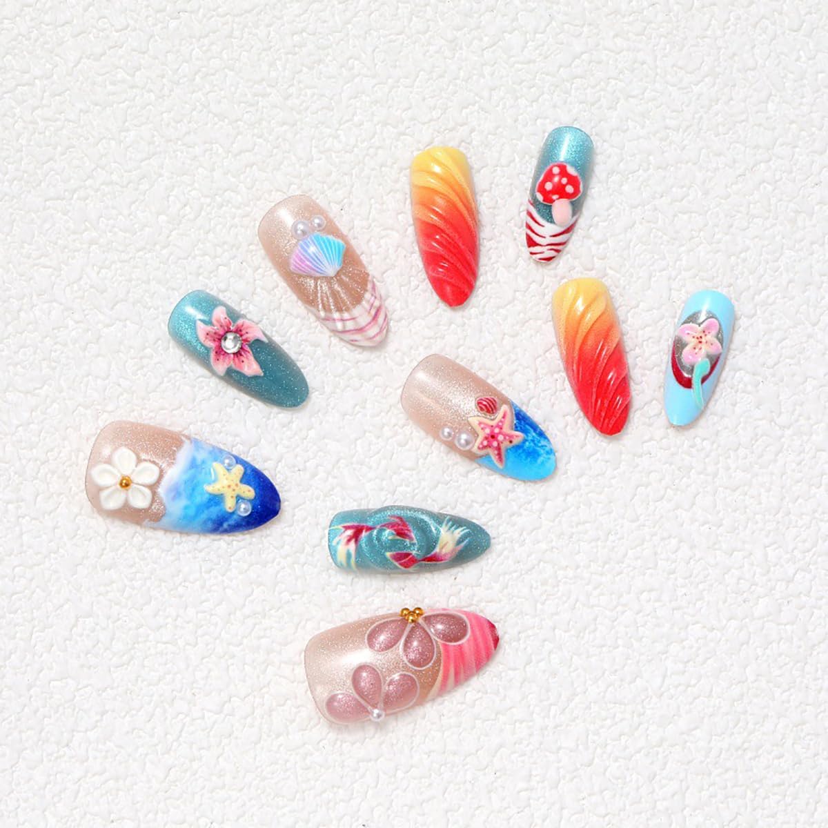 24Pcs Beach Press on Nails Medium Almond French Tip Fake Nails with 3D Shell Starfish Koi Flower Mushroom Designs Full Cover Glitter Stick on Nails Summer False Nails for Women Acrylic Manicure DIY