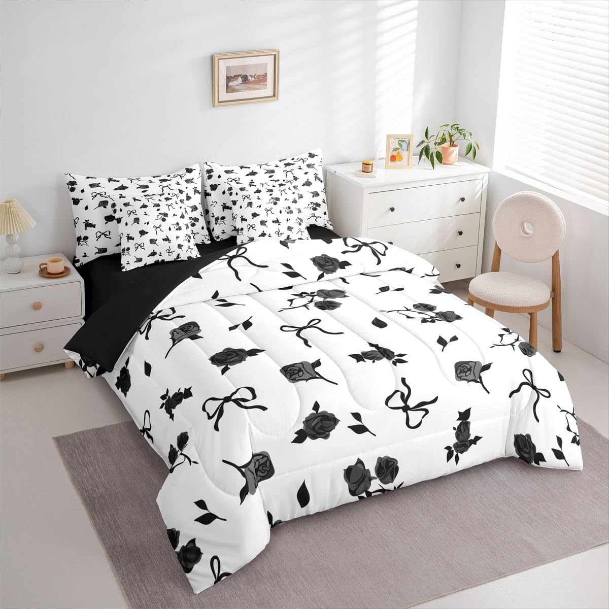 Erosebridal Princess Bowknot Full Size Comforter Set,Black Bow Rose Floral 7-Piece Bed in A Bag,Fantasy Sheets and Pillowcases,Ribbon Bow Knot Bedding Set Room Decor