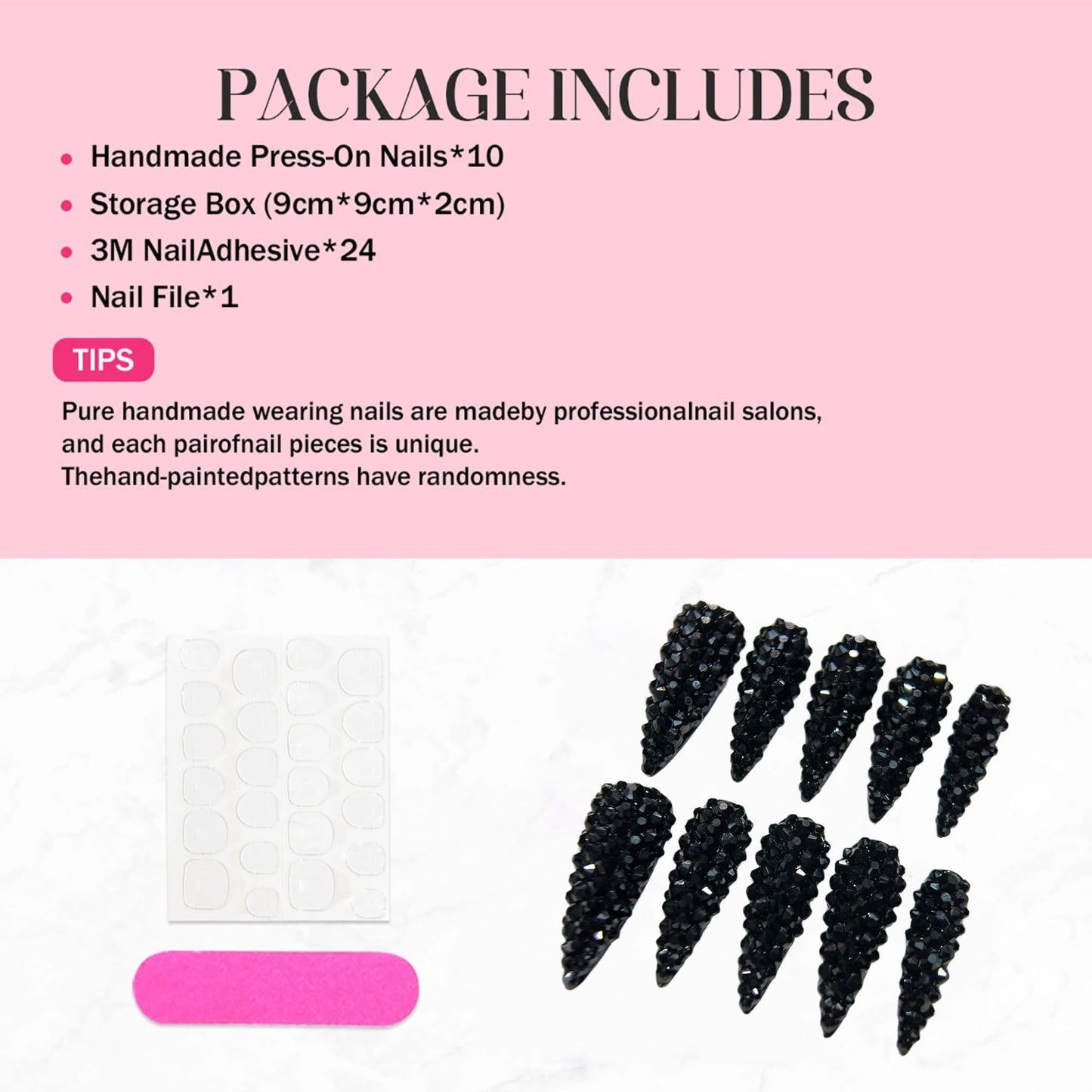 Almond Press on Nails Long Black Rhinestones Handmade Fake Nails Luxury Full Cover False Nails with 3D Designs Acrylic Nails Press Ons Sparkly Reusable Stick on Nail for Women 10Pcs(Size M)