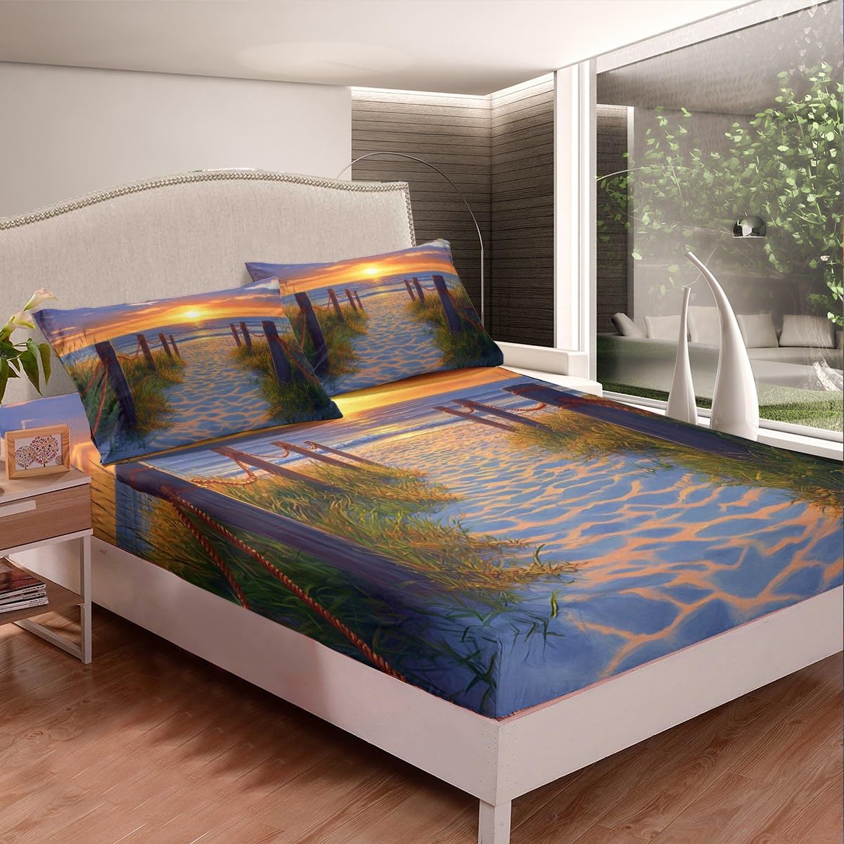 jejeloiu Beach Theme Fitted Sheet Full Size Kids Wood Green Plants Sunset Bed Sheets Set for Boys Girls Teens Sea Ocean Wave Summer Coastal Natural Scenery Bedding Set Room Decor