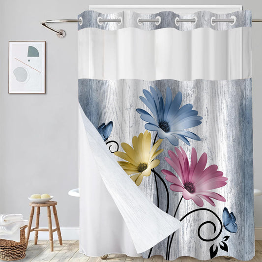 Muuyi Hookless Shower Curtain with Snap in Liner，Colorful No Hook Shower Curtains for Bathroom，Shower Curtain and Liner Set for Bathroom Decor,Waterproof & Washable,72W x 75L Inch
