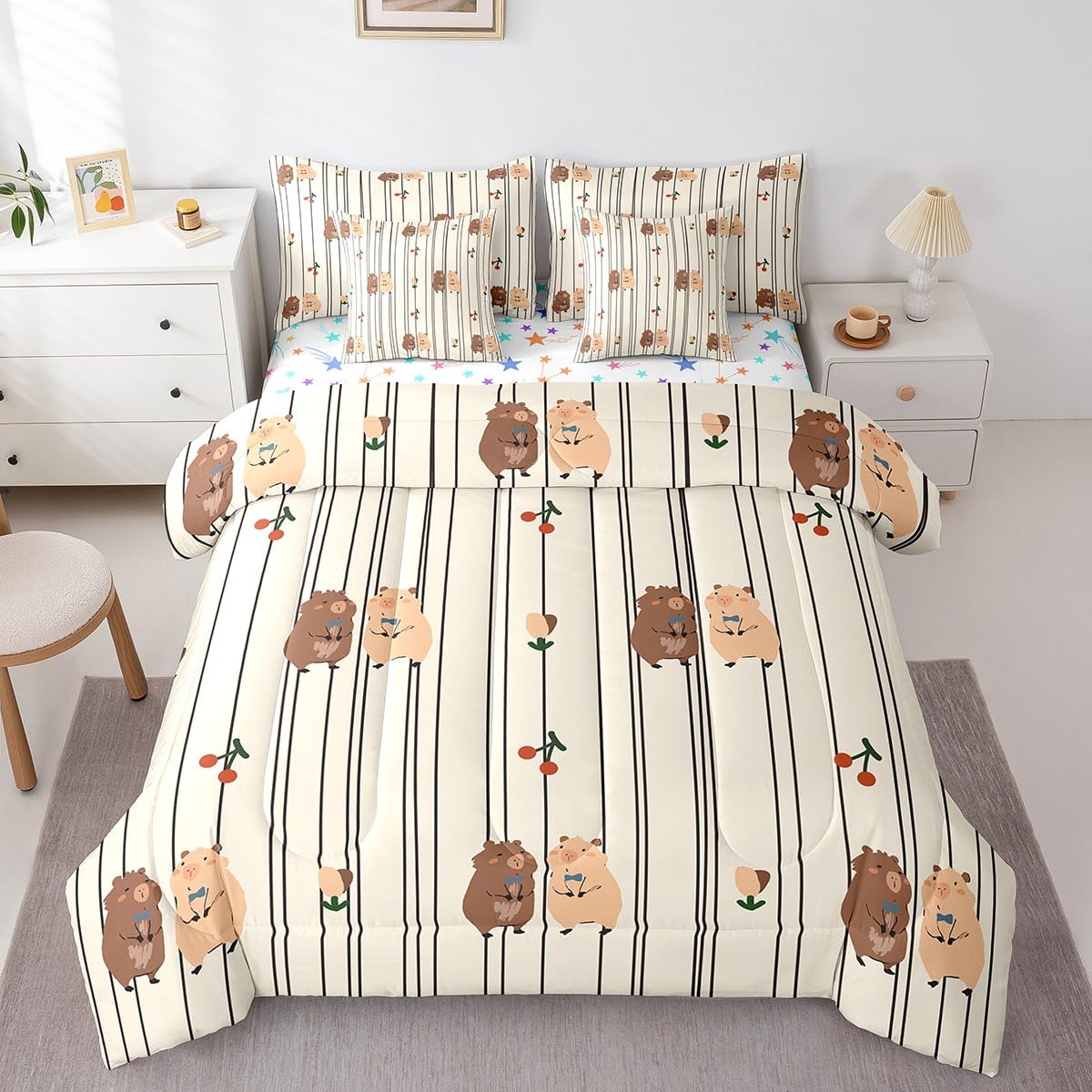 Cute Capybara Twin Comforter Set with Sheets, Lovely Beaver 7 Piece Bedding Set Cherry Fruit Geometric Flowers Pattern Bed in a Bag, Natural Theme Rodents Rodent Animals Print Decor