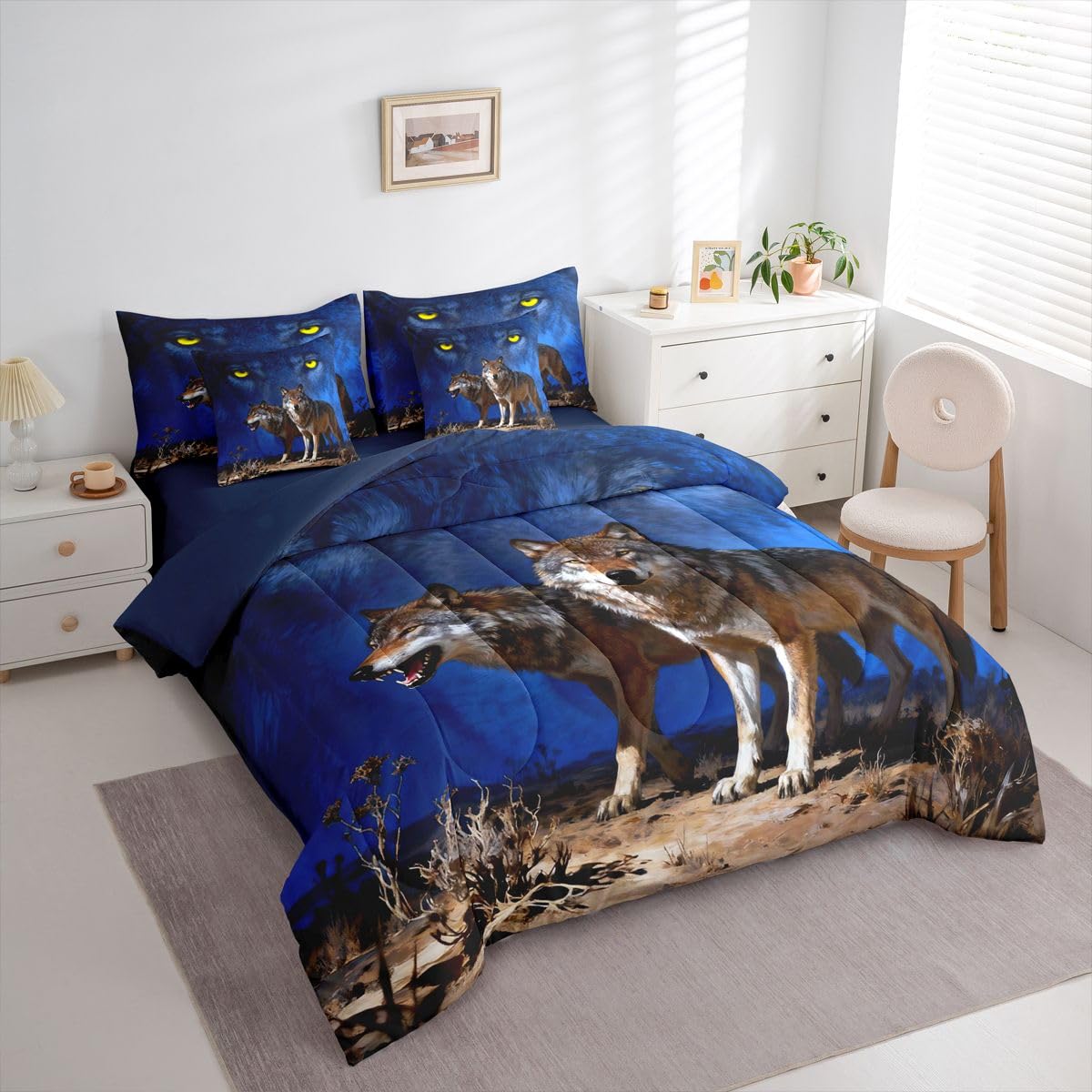 Feelyou Wolf Comforter Set Queen Size 7 Pieces Wolves Howling Bedding Set for Kids Boys Girls Western Farmhouse Bed in a Bag with Comforter, Sheets, Pillowcases, Cushion Covers Wild Animal