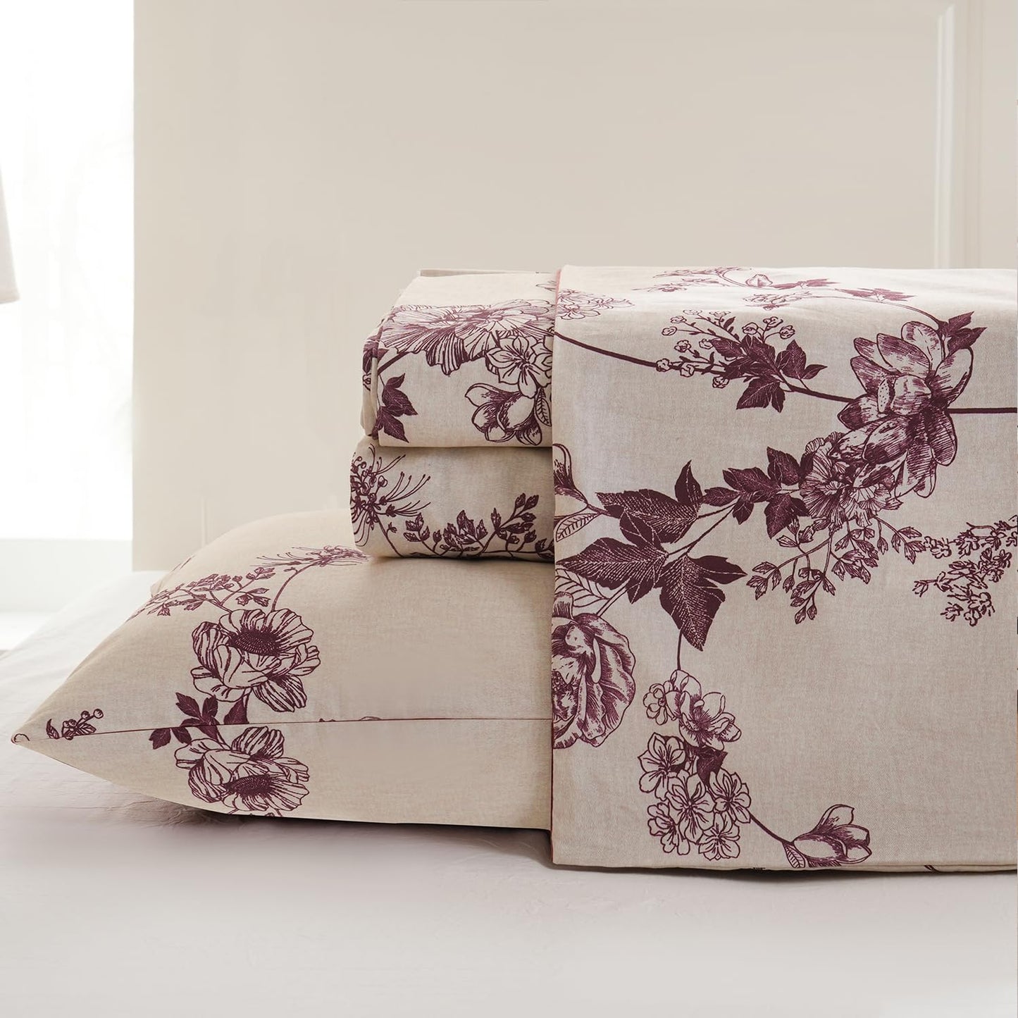 Zusbest Queen Sheet Set 100% Percale Cotton Red Floral Bed Sheet Set, Brushed for Extra Softness, Luxury Toile Flannel Like Sheets Shabby Vintage Flower Print Deep Pocket Sheets 17.5'' 4 Pcs