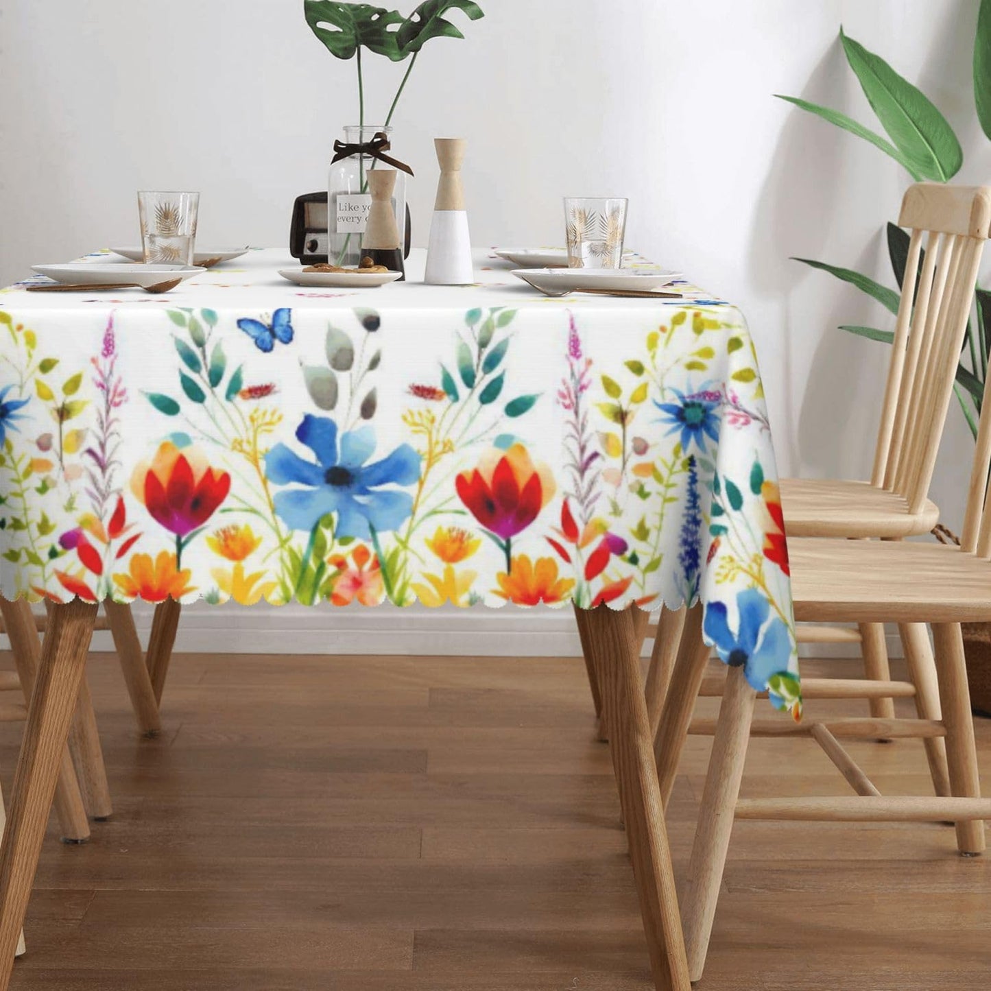 XUNNEECY Vibrant Colors Flowers Tablecloth 54x72 Inches, Floral Rectangular Polyester Table Cover with Wave Lace, Washable Dining Table Cloth for Kitchen, Party, Outdoor