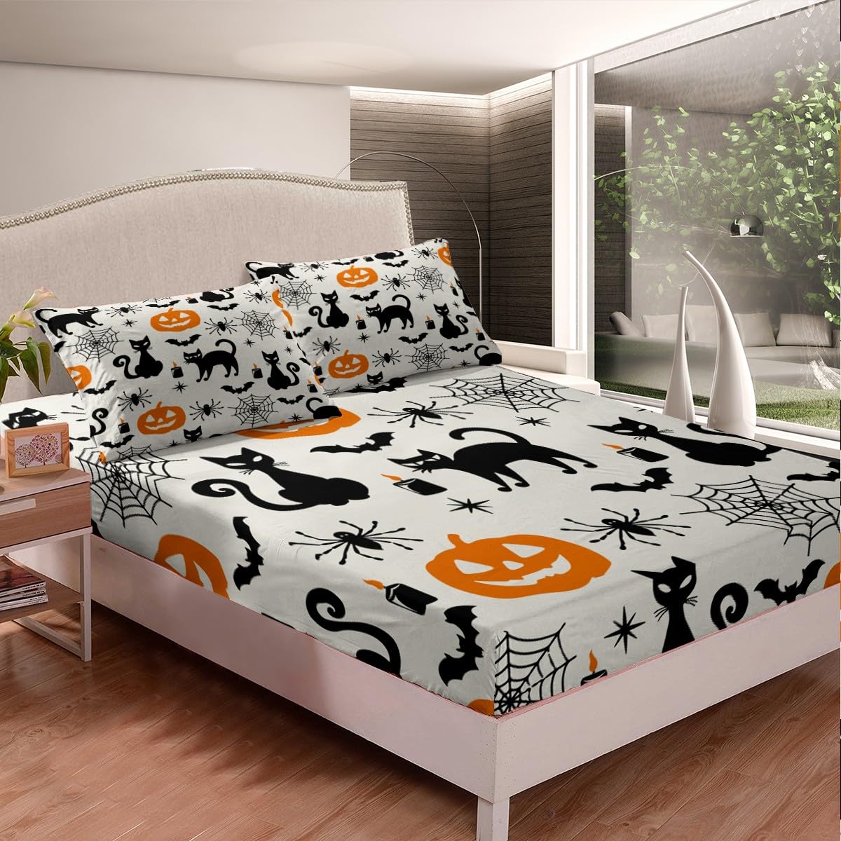 Feelyou Black Cat Halloween Decorations Sheets Set Twin Size Pumpkin Ghost Cats Bedding Set Toddlers Teens Adults Halloween Festival Themed Fitted Sheet Black Orange Bed Sheet Set