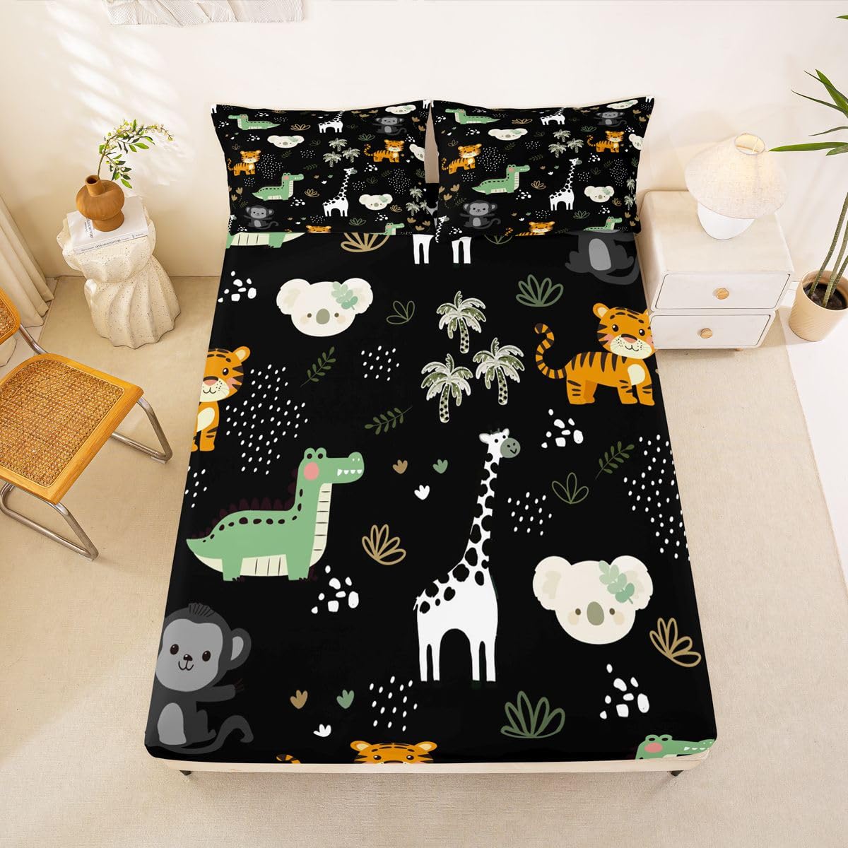Erosebridal Jungle Animals Sheet Set Full Cartoon Kawaii Bed Sheets for Kids Boys Girls Monkey Giraffe Crocodile Tigers Flat Fitted Sheet Hunting Wildlife Sheets 3 Pcs