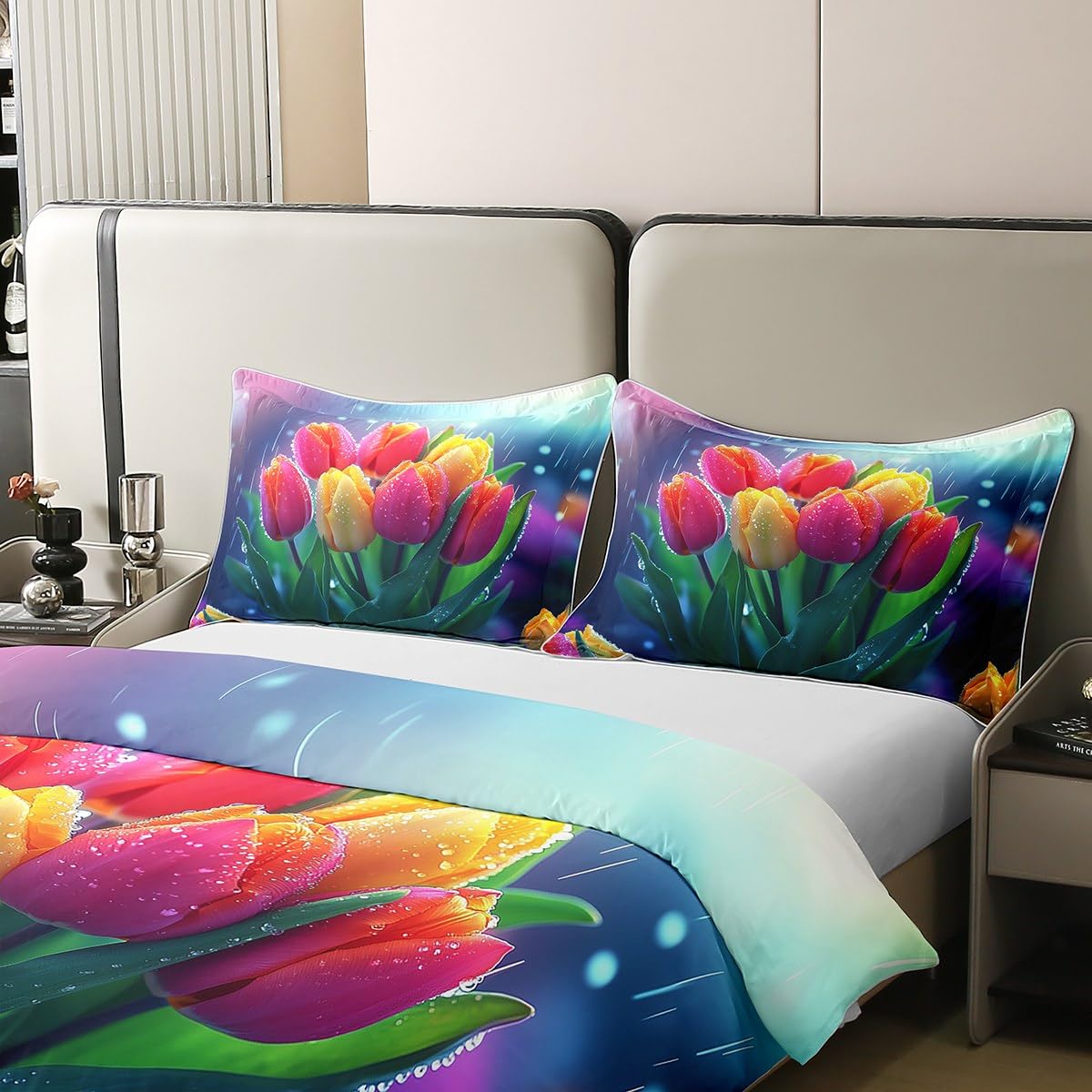 Erosebridal Tulips Comforter Cover Twin Size 100% Cotton Spring Summer Flowers Duvet Cover for Kids Girls Teen Women,Rainy Floral Pink Yellow Tulips Bedding Set Pastel Plants Bed Set