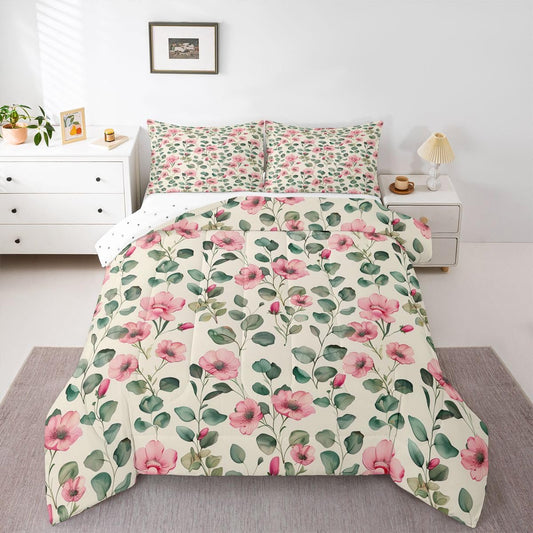 Erosebridal Pink Flowers Comforter Set Romantic Botanical Garden Full Size Bedding Sets for Teen Boys | Plant Leaves Floral Comforter Watercolor Hand Drawn Bed Set, Kawaii Room Decor Aesthetic