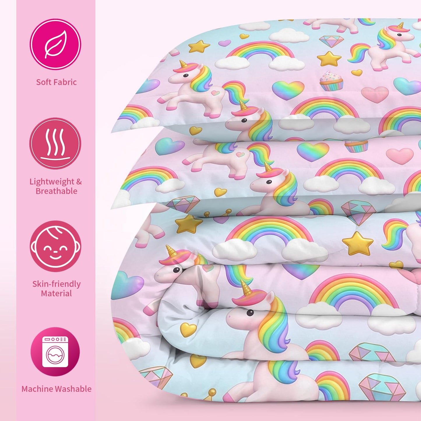 DJNEAR Kids Twin Comforter Sets for Girls, Cute Rainbow Unicorn Printed Kids Bedding Set, Cartoon Fantasy Room Decor for Girls, Lightweight Breathable All Season 1 Comforter 1 Pillowcase