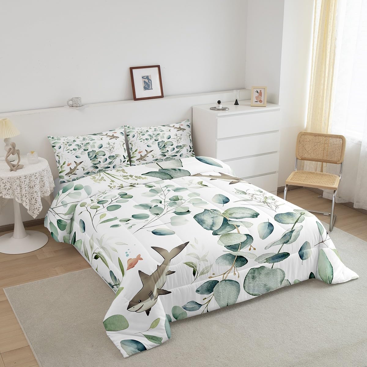 Erosebridal Girls Kawaii Animal Bedding Twin Size Cute Shark Comforter Set Twin, Cartoon Wildlife Duvet Insert Green Leaf Quilt Comforter, Plant Bedding Comforters & Sets Child Kids Bedroom Decor