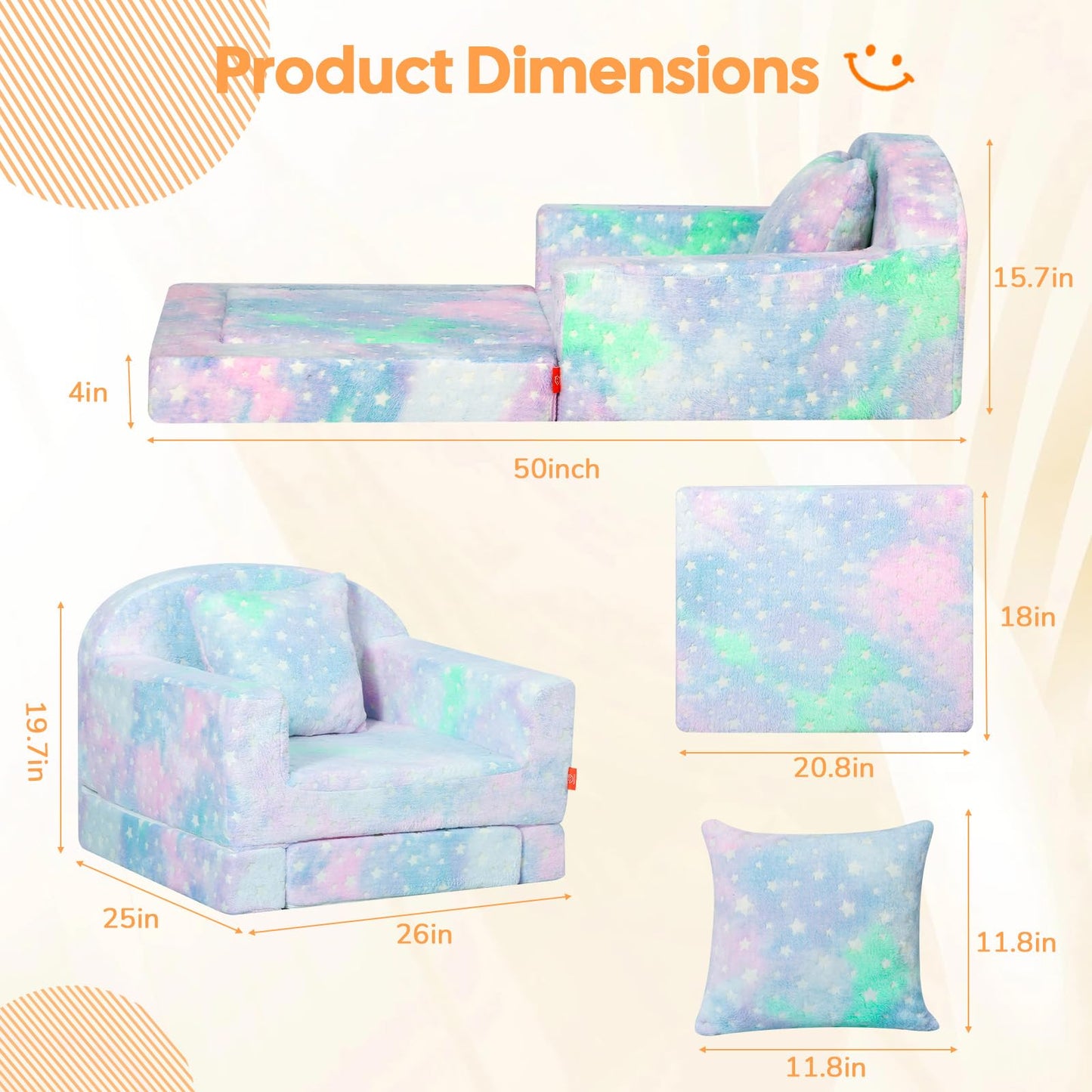 MeMoreCool Glowing Star Kids Chair, 2-in-1 Convertible Kids Couch Fold Out to Lounger, Glow-in-the-Dark Star Sofa for Boys Girls, Soft Foam Flip-Out Seat with Washable Cover