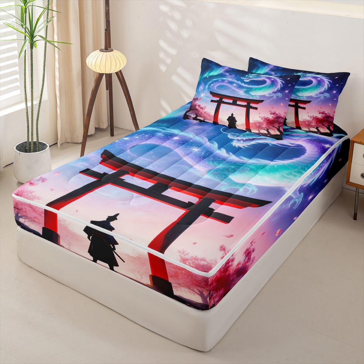 jejeloiu Dragon Twin Zipper Bedding Set Japanese Style Samurai Kids Comforter Set with Fitted Sheet and 2 Pillowcases Outer Space Galaxy Bed in a Bag Romantic Exotic Zip Up Bedding Soft Microfiber