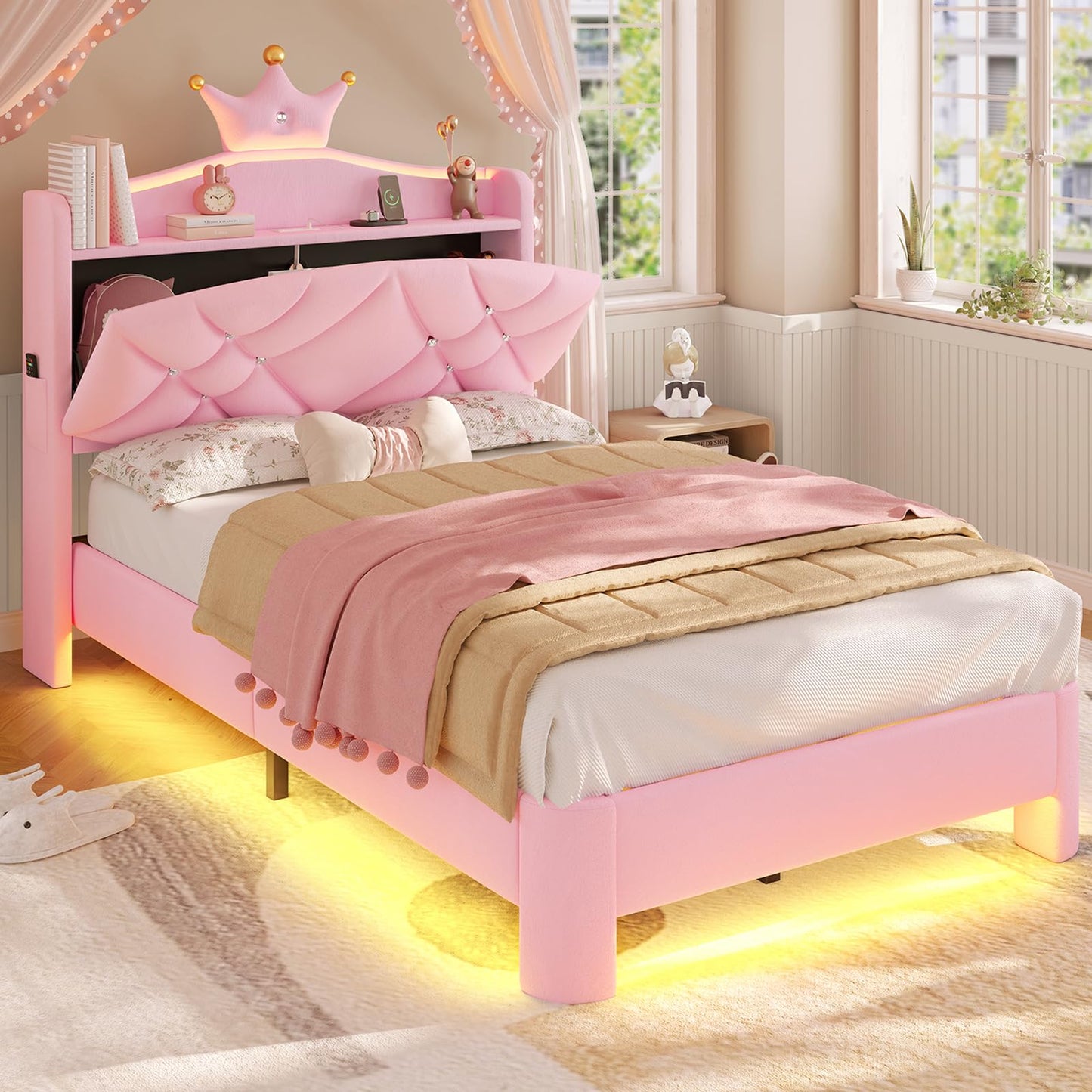 MSmask Twin Bed Frame with LED Lights, Princess Upholstered Bed with Headboard with Charging Station & Crystal Button & Crown, Velvet Platform Bed for Girls, Solid Wood Slats, Curved Legs, Pink