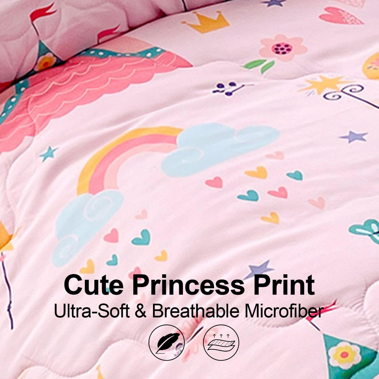 Wajade Kids Pink Princess Comforter Set Bed in A Bag Full Size 7 Piece Princess Fairy Tales Castle Bedding Set for Girl (1 Comforter, 1 Flat Sheet, 1 Fitted Sheet, 2 Pillowcase and 2 Pillow Sham)