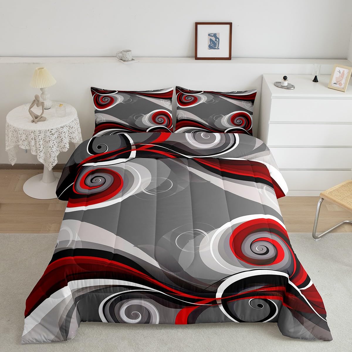 Feelyou Gray Black Red Swirl Bedding Set Kids Geometric Stripe Comforter Set Boys Girls Trippy Circle Decor Comforter Farmhouse Abstract Artwork Duvet Set Bedroom Quilted Set Queen Size