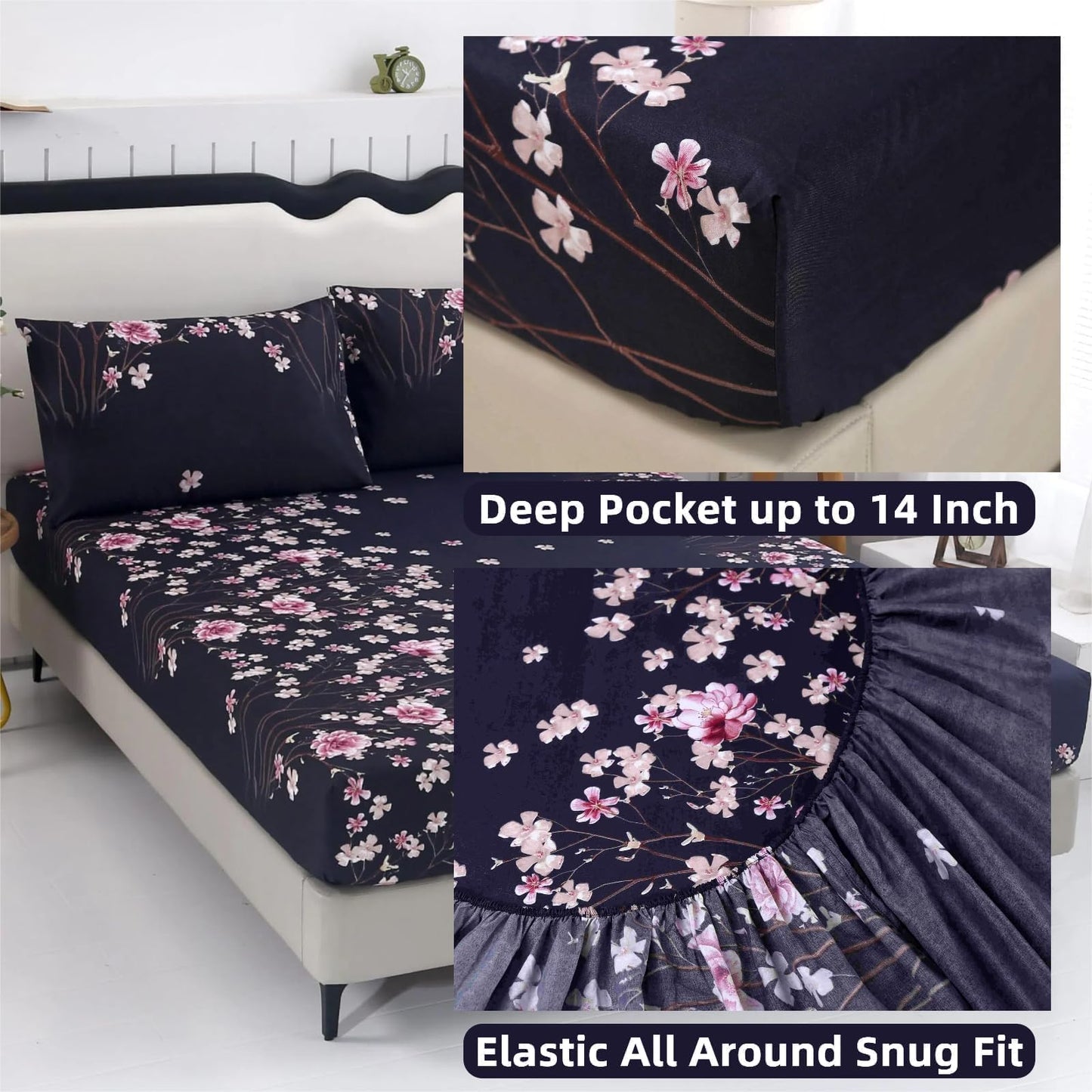 SDIII Navy Blue Floral Fitted Sheet Queen with 2 Pillowcase, Deep Pocket Soft Microfiber Dark Floral Sheet Queen Size All Season
