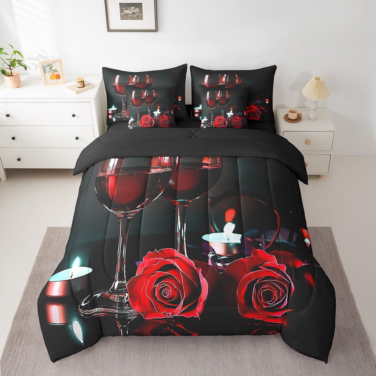 Erosebridal Red Rose 7 Piece Comforter Set Full Bed in A Bag Romantic Valentine Bedding Set for Grils Women Wine Glass Candles Duvet Insert Rose Floral Petals Sheet Set with Comforter