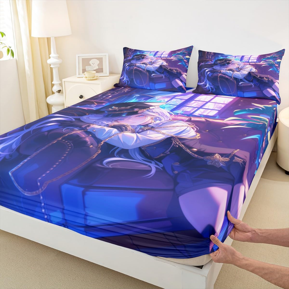 Erosebridal Anime Girl Fitted Sheet Twin Size Japanese Anime Bed Sheets for Kids Boys Teens Women Bedroom Decor, Cartoon Girl Bedding Set Japanese Animation Kawaii Sheets, Purple