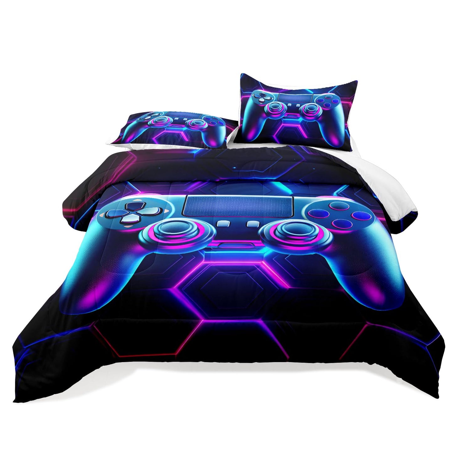 Raphus cucullatus Gaming Gamer Comforter Set for Boys Blue Gaming Quilt Gamepad Bedding Bed Set Queen Size,Video Game Decor for Boys Room