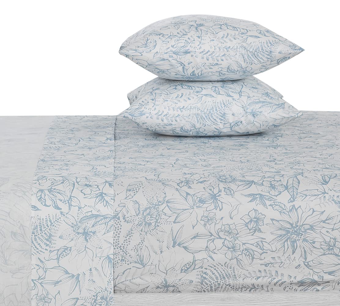 DAUAOTO Cotton Sheets Set King Size 4 Pieces Flower Bedding Sets, Aqua Blue Floral Pattern, Up to 14" Deep