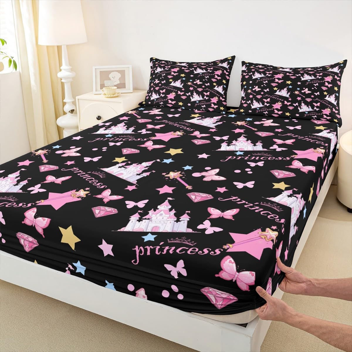 Feelyou Girls Princess Fitted Sheet with 1 Pillowcase Twin Size Cartoon Castle Bed Sheets Set 16" Deep Pocket Boys Girls Pink Butterfly Bedding Magic Teens Bedroom Decor