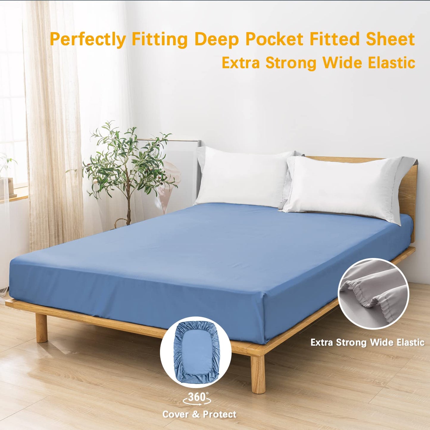 MILDLY Deep Pocket Fitted Sheet Only Queen Size 60"x80" 100% Long Staple Cotton Blue Breathable Bottom Sheet Fits Up to 14" Deep Mattress