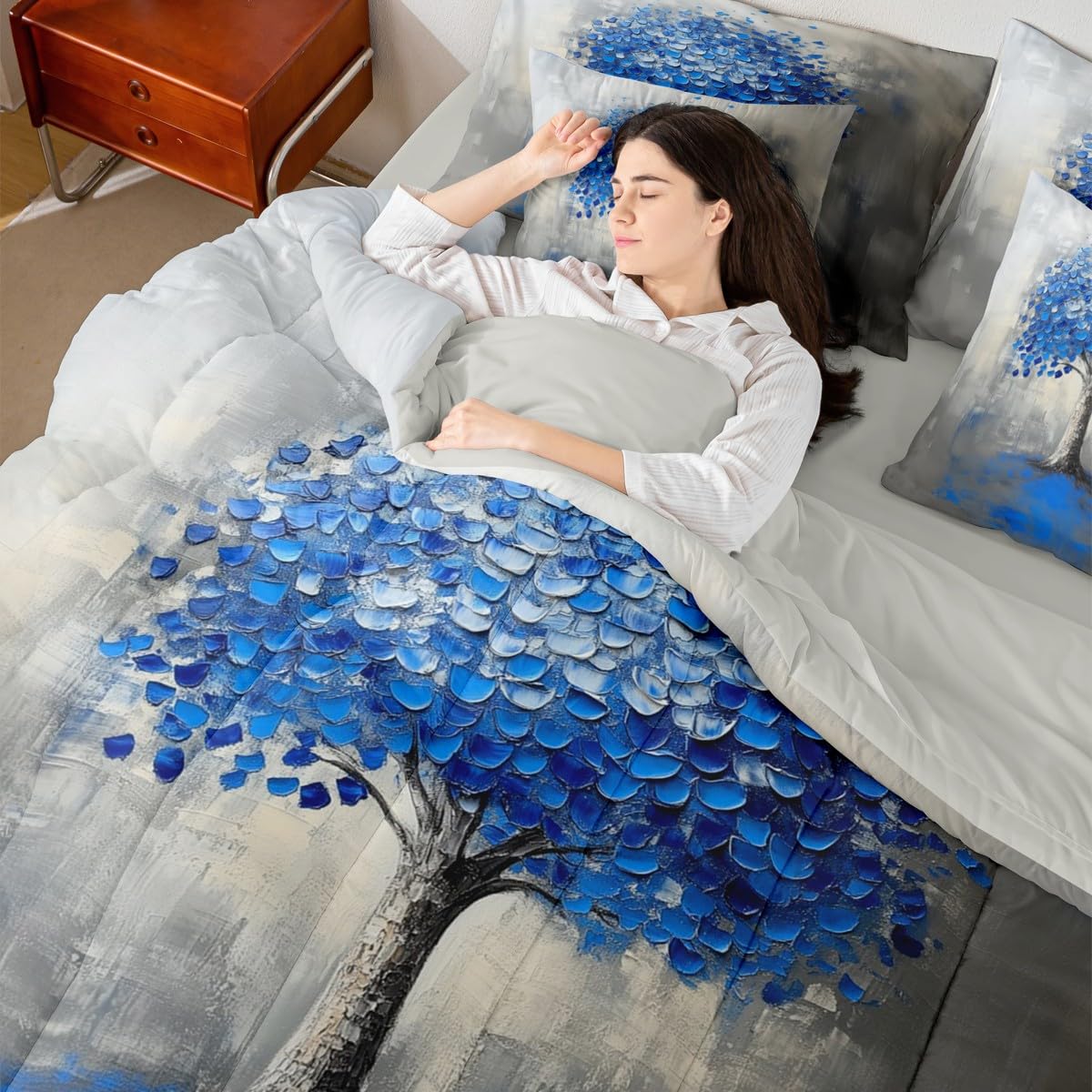 Blue Tree Branches Pattern 7 Pieces Bedding Set Twin Size Kids Leaf Branches Bed in a Bag with Comforter, Sheets, Pillowcases Fallen Leaves Bed Set Breathable Botanical Room Comforter Set with Sheets