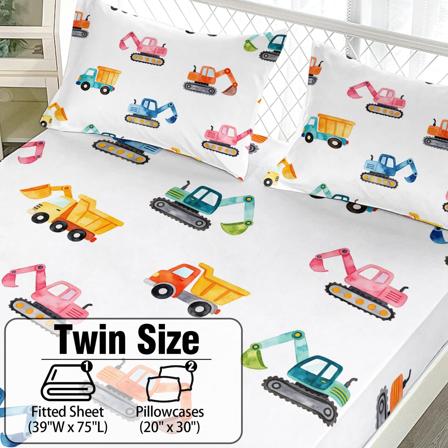AILONEN Watercolor Construction Truck Twin Fitted Sheet Set 3 Piece,Excavator Digger Bedding with 2 Pillowcases,Boys Nursery Vehicle Linens,16 Inch Deep Pocket Microfiber
