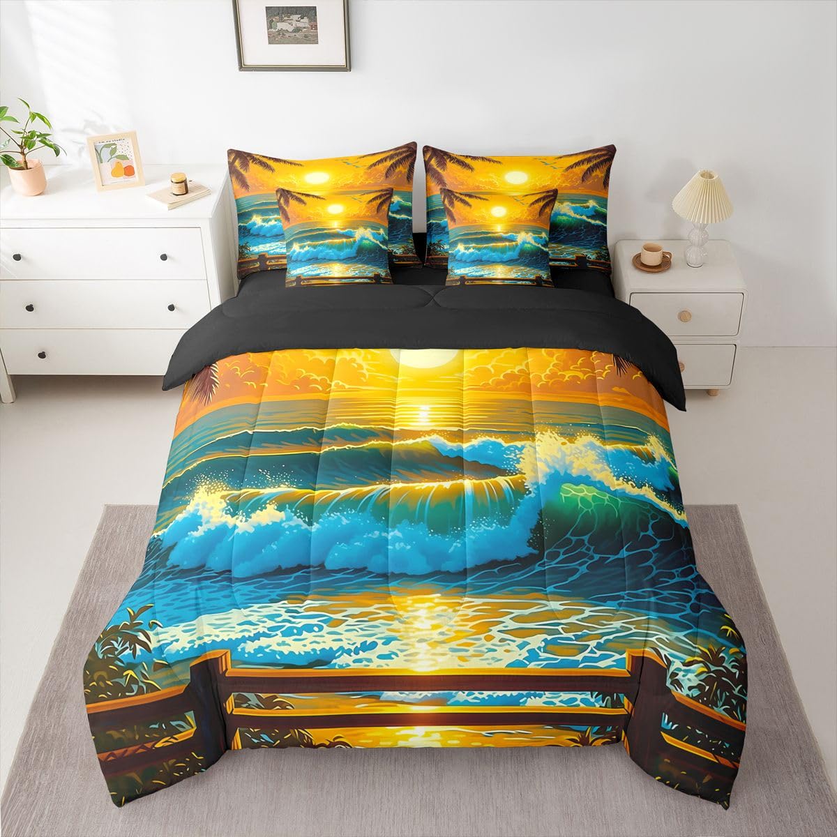 Erosebridal Tropical Sunset Queen Bedding Set Summer Palm Tree Comforter Set Kids Teens Adults Vibrant Sunlight Ocean Wave 7-Piece Bed in a Bag Seagull Beach Travel Quilt Sets