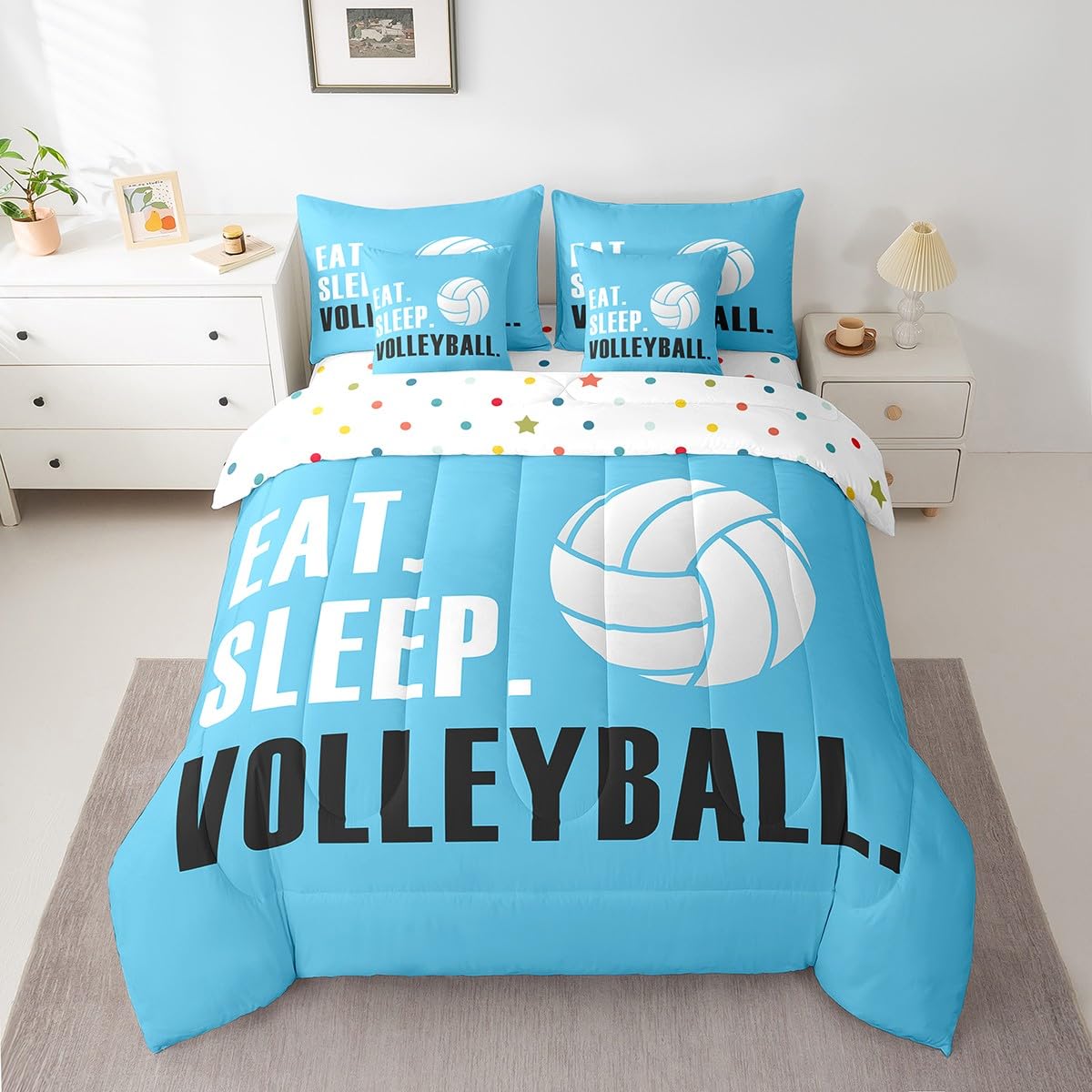 Feelyou Volleyball Comforter Set 7 Piece 3D Ball Sports Bedding Twin Comforter Set for Boys Girls Women Men Blue Eat Sleep Volleyball Bedding Set Ball Games Room Decor Bed in a Bag