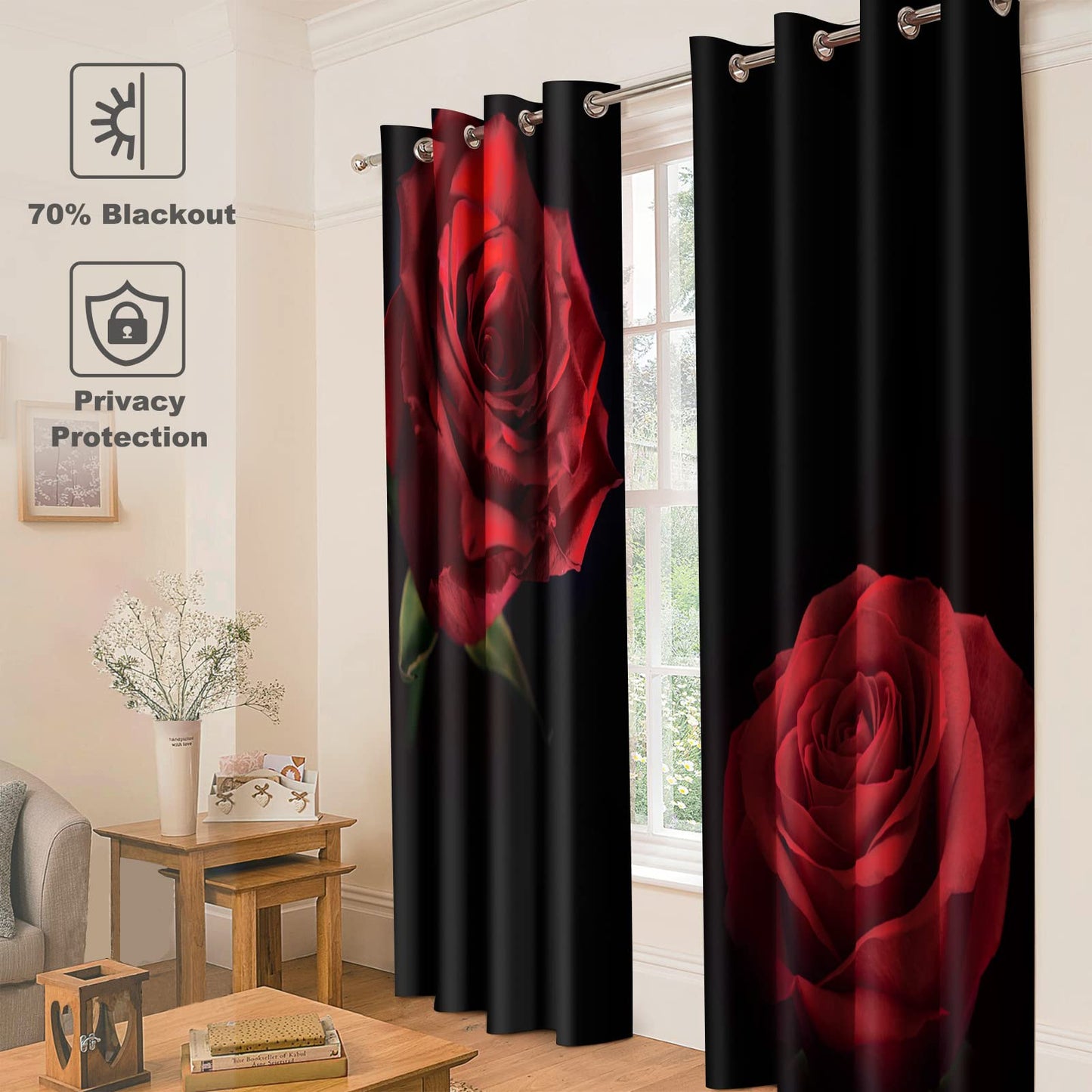 Jekeno Red Rose Floral Blackout Curtains - Romantic Black Red Roses Flower Theme Print Decor Home Apartment Bedroom Living Room Darkening Grommet Window Drapes 2 Panel Set,52"x84"