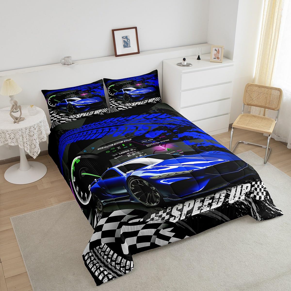Feelyou Blue Race Car Comforter Twin, Sports Car Comforter Set for Kids Boys Girls Race car Bedding Set Racing Car Duvet Set with 1 Pillow Case