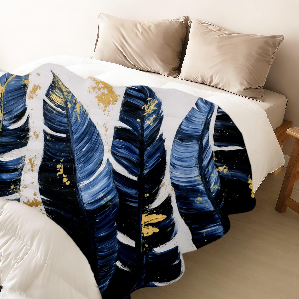 HUNXIAOJ Tropical Blankets and Throws Tropical Plant Blanket for Couch Bed Room Home Decor Tropic Leaf Throws Blue Gold Botanical Decor Flannel Gifts for Women Adults Kids 49"x59"
