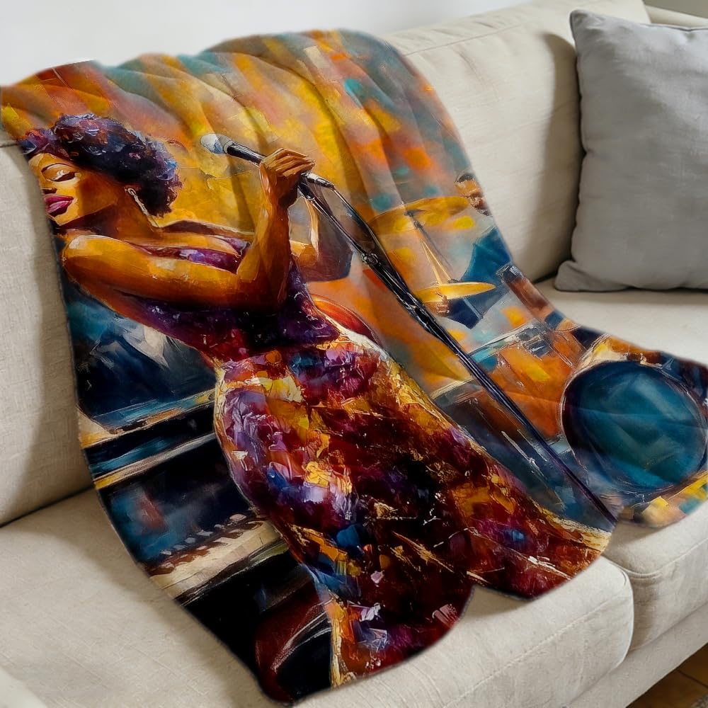 ZHOUSHUTONG African American Music Throw Blanket Black Music Print Super Soft Warm Cozy Flannel Blanket for Couch Bedroom Office Home Decor Gift for Music Lovers 49"x59"