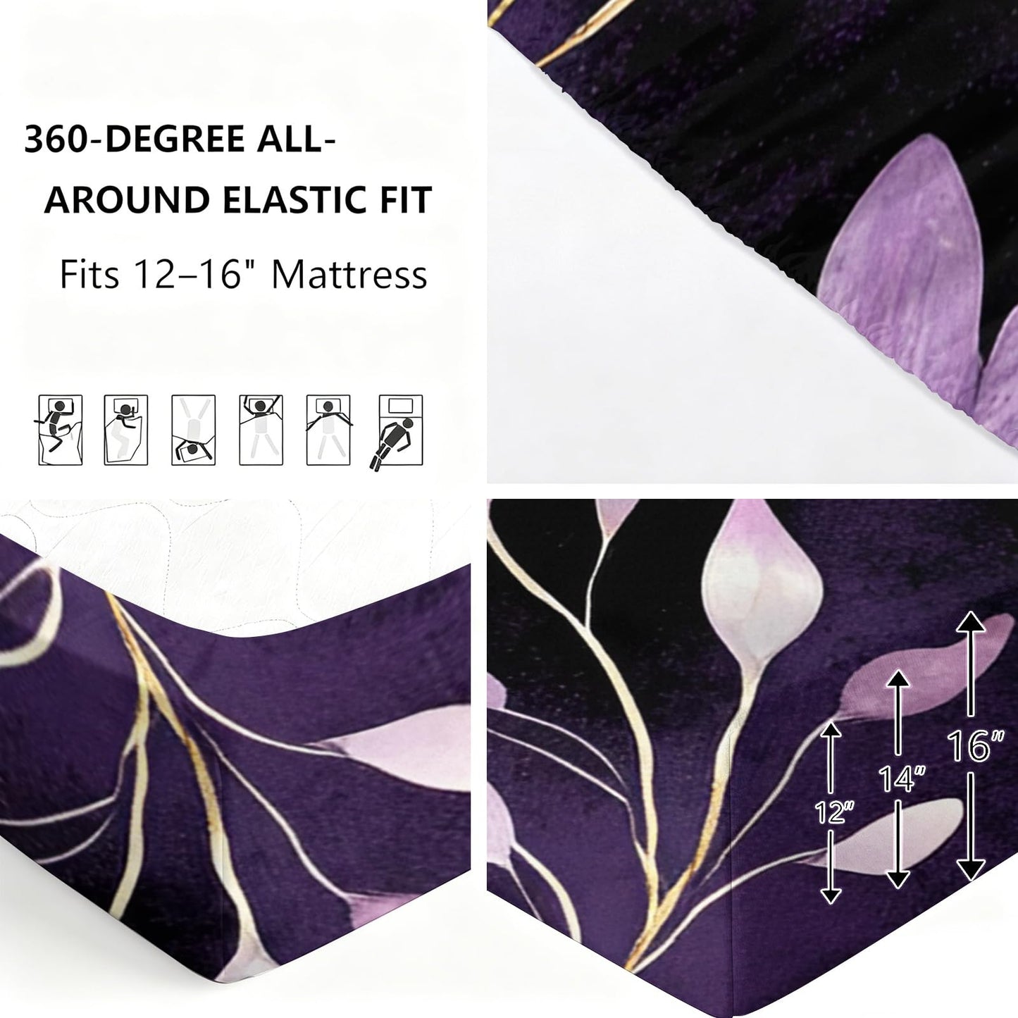 ZAOMIR Purple Butterfly Sheet Set King for Girls, Animal Floral Bed Sheets Set 4Pcs Elegant Flower Leaves Bedding Sheet Sets (Fitted & Flat Sheet+2 Pillowcases)