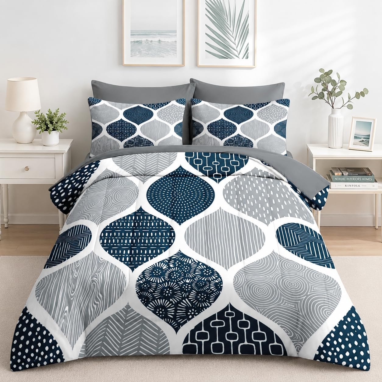 Nesker Comforter Set Queen Size, Boho Bohemian Abstract Blue Gray 7 Pcs Bedding for Kids and Adults, Indigo Geometry Grey Bed Sheet Sets with Fitted Sheet 2 Pillowcases & 2 Shams