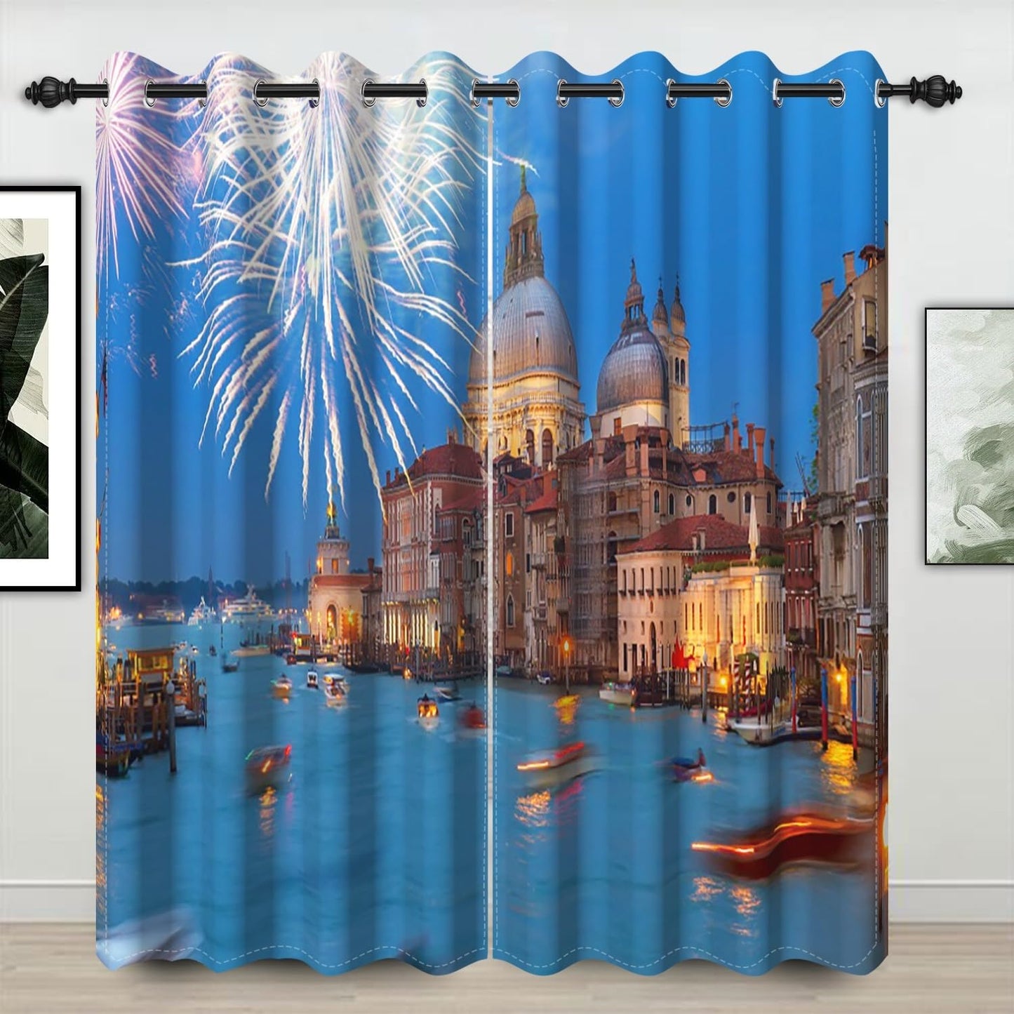 Umpoo Modern Cityscape Blackout Curtain Venice Canal Retro Church Buildings Fireworks Blossoms City Night View Window Drapes for New Year Living Room Bedroom Home Decor Set of 2 Panels, 52x63 Inch