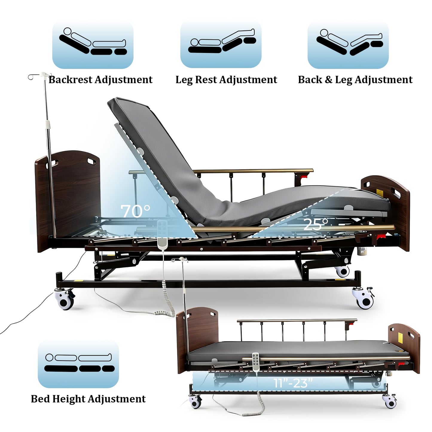OxtraCare Zygenair Hospital Bed 6-Section ABS Ergonomic Design, 3 Function Adjustable Medical Homecare Bed for Home Use, Electric Nursing Bed with Mattress and Remote Control, IV Pole Included