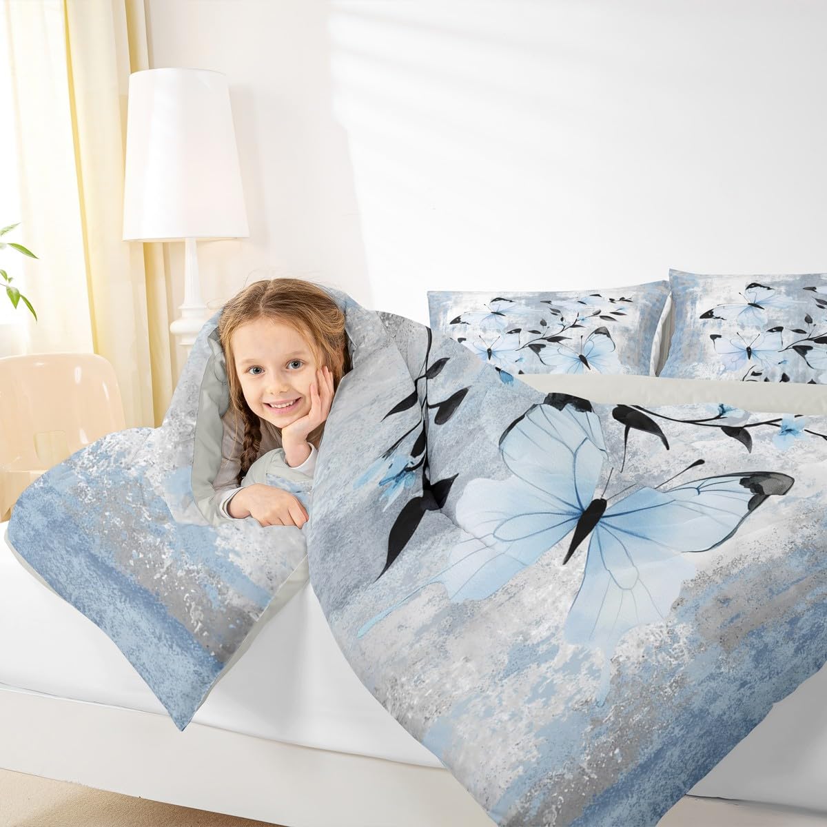 Erosebridal Blue Butterfly Queen Comforter Set Butterflies Wild Flying Animals Bedding Set Abstract Oil Painting Bed Set Watercolor Rustic Farmhouse Quilt Set Ombre Blue Grey Design for Adults