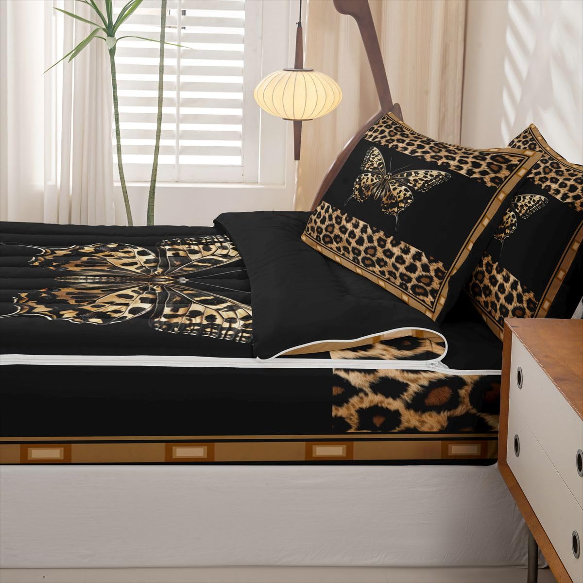 Feelyou Cute Brown Butterfly Zipper Bedding Leopard Print Comforter Set for Kids Boys Girls Queen Size Modern Animal Fur Print Zippered Kids Bedding Set Ultra Soft Cheetah Decor Bed in a Bag