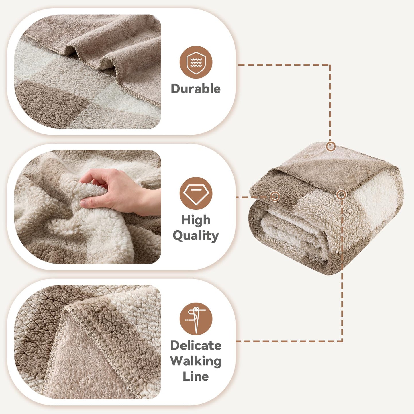 LURKA Checkered Sherpa Fleece Throw Blanket – Soft and Cozy, Medium Weight for All Season, Plush Throw for Couch, Bed & Pets, Khaki, 50x60 Inches